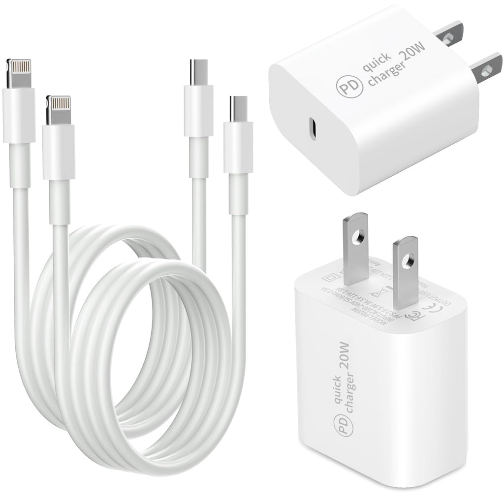 [UL Certified & MFi Certified] 2Packs 20W PD Power Adapter Wall Charger Fast Charging USB C Wall Charger Block with 2Packs 6Feet USB-C Charging Cables