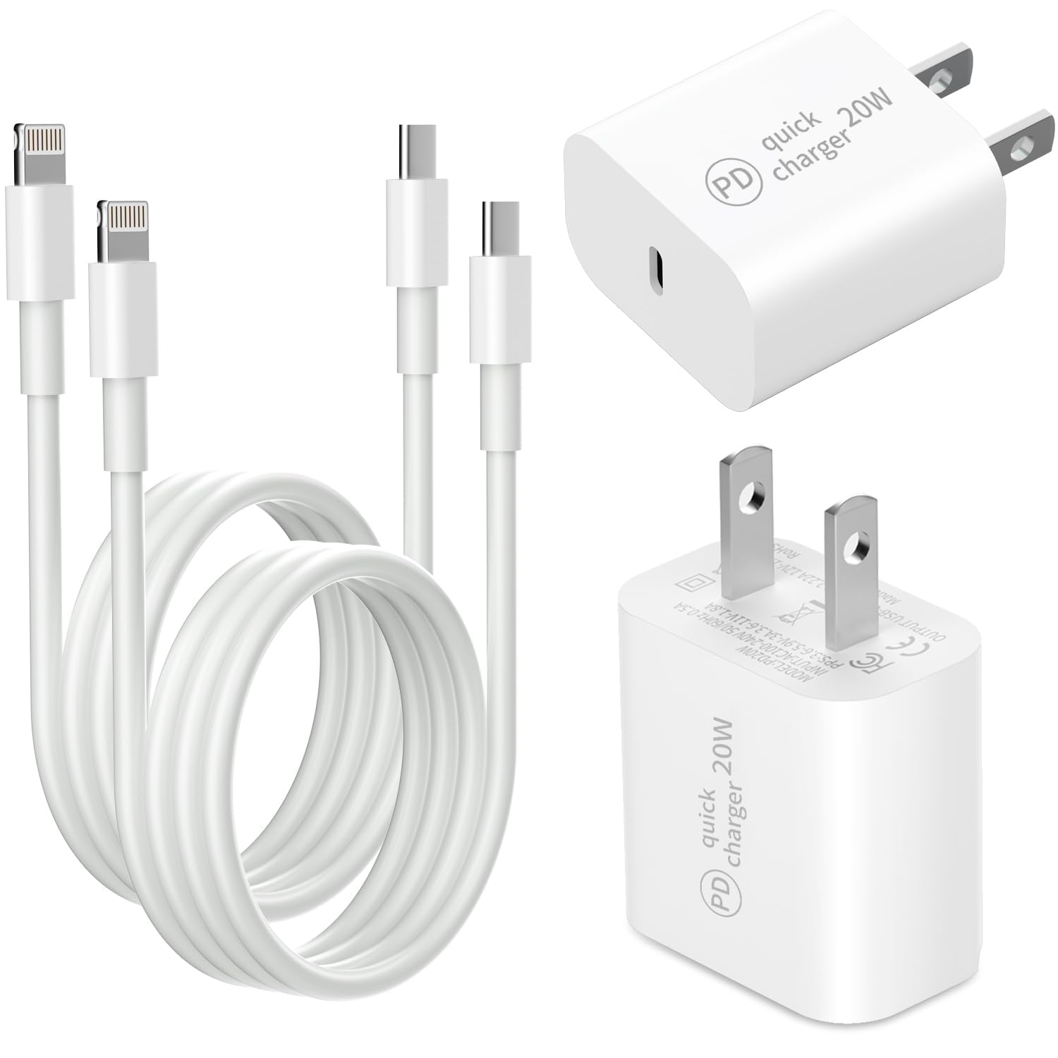 [UL Certified & MFi Certified] 2Packs 20W PD Power Adapter Wall Charger Fast Charging USB C Wall Charger Block with 2Packs 6Feet USB-C Charging Cables