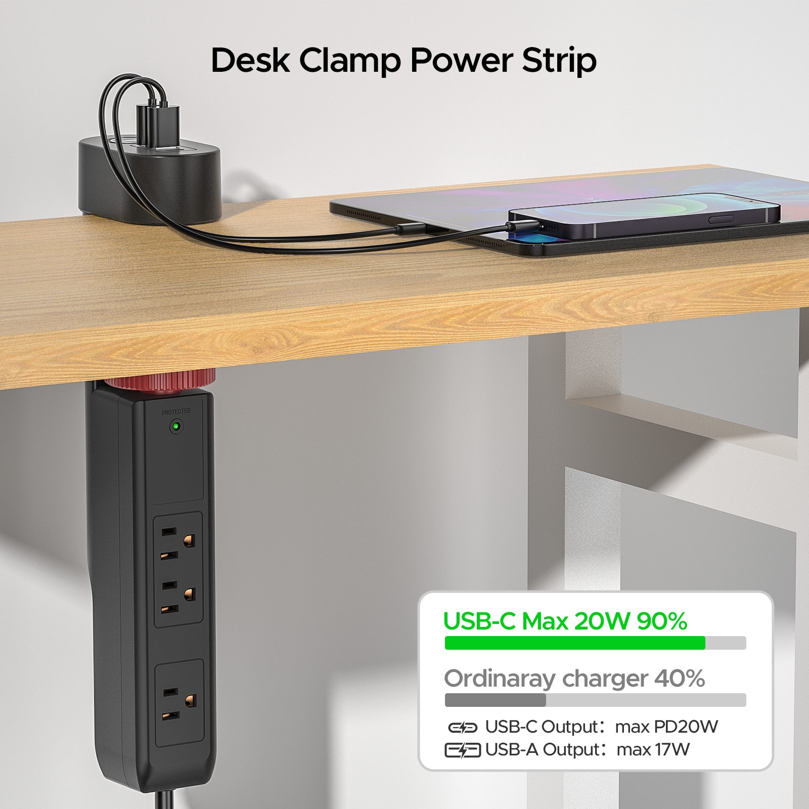 CRST Desk Clamp Power Strip | 3 Outlets + 3 USB (20W USB-C PD), 1020J Surge Protector