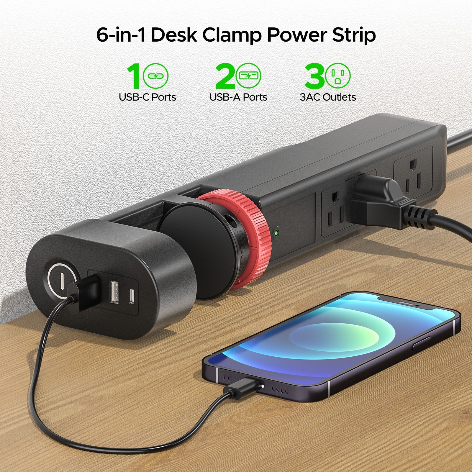 CRST Desk Clamp Power Strip | 3 Outlets + 3 USB (20W USB-C PD), 1020J Surge Protector