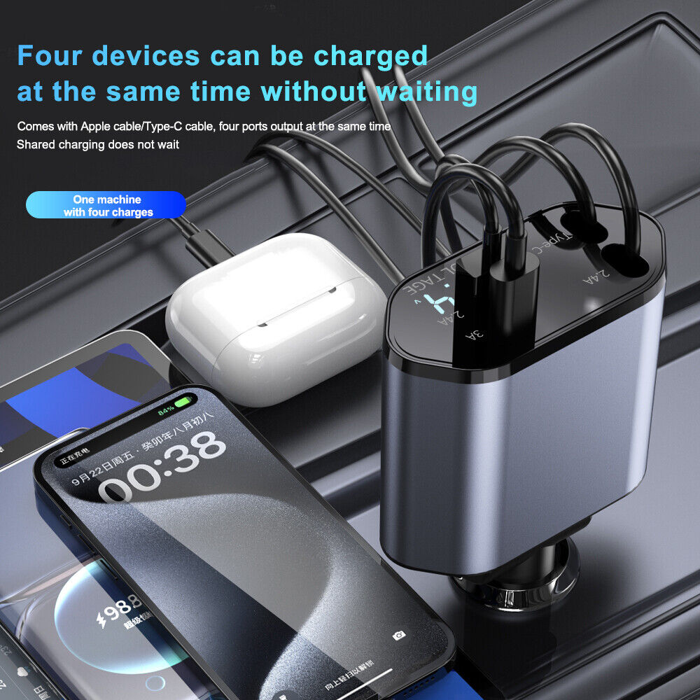 4-in-1 Retractable Fast Car Charger 120W with USB-C – product image 3