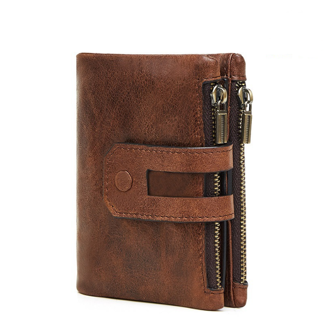 Fashionable RFID Genuine Leather Wallet with Zippered Pockets