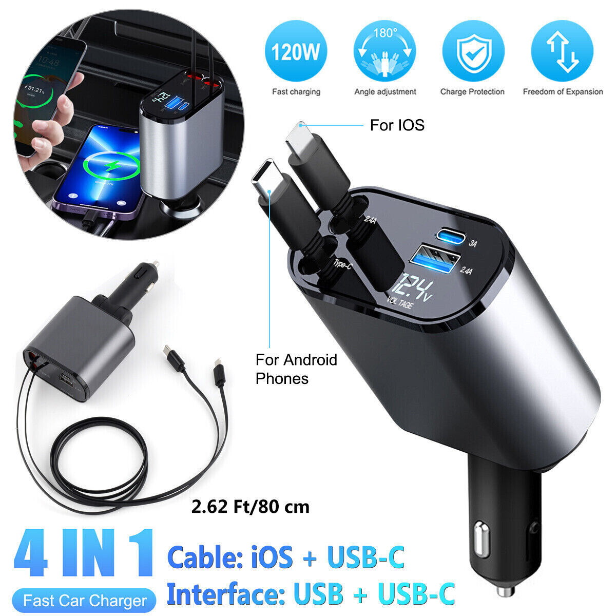 4-in-1 Retractable Fast Car Charger 120W with USB-C – product image 7