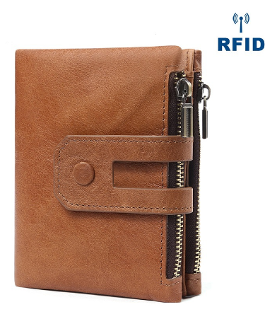 Fashionable RFID Genuine Leather Wallet with Zippered Pockets
