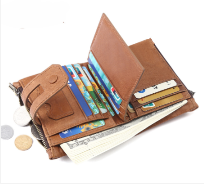 Fashionable RFID Genuine Leather Wallet with Zippered Pockets