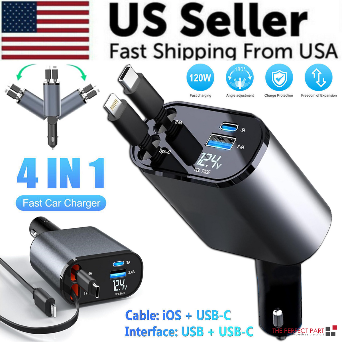 4-in-1 Retractable Fast Car Charger 120W with USB-C – product image 2