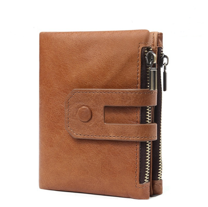 Fashionable RFID Genuine Leather Wallet with Zippered Pockets