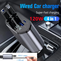 120W Retractable Car Charger with USB & Type-C Fast Charging Cables
