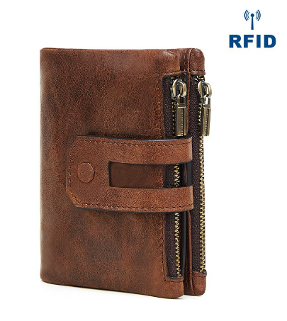 Fashionable RFID Genuine Leather Wallet with Zippered Pockets