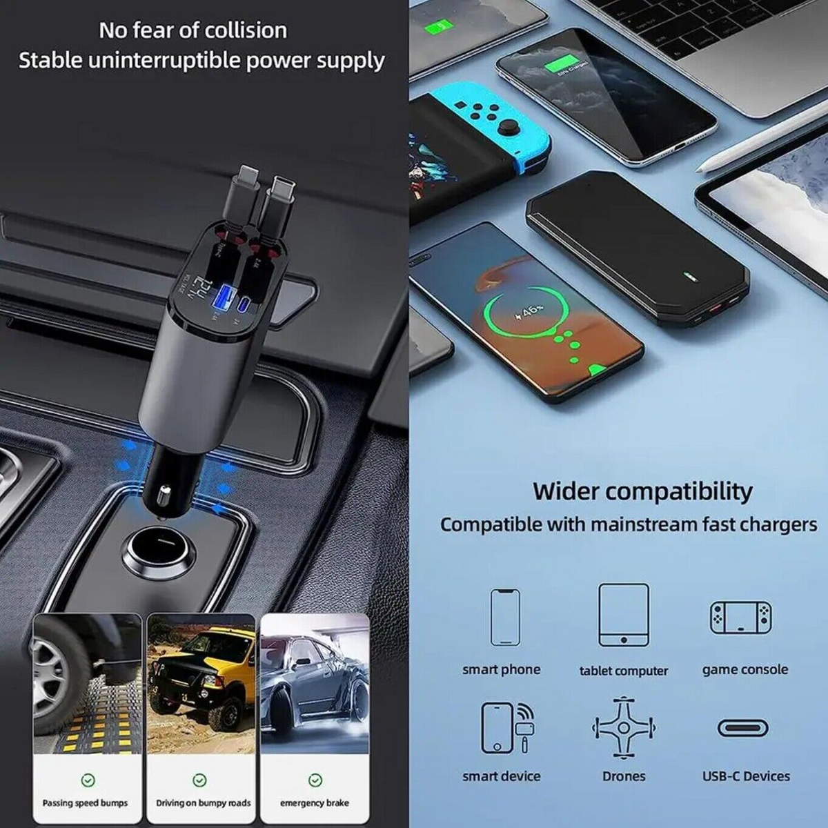 4-in-1 Retractable Fast Car Charger 120W with USB-C – product image 5